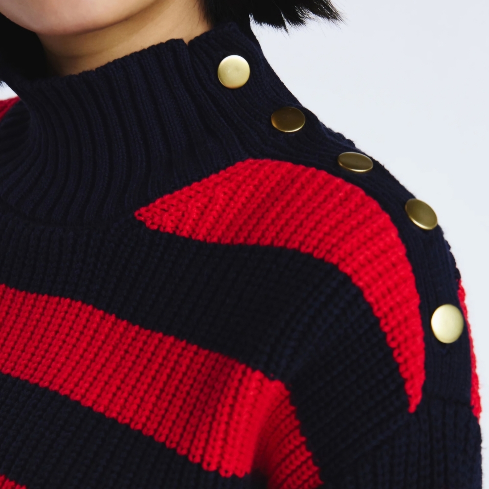 Free Assembly Mock Neck Sweater Red Navy Striped Button Shoulder Ribbed Size S - Picture 2 of 6